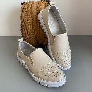 Leather Ecru Studded Slip On Comfort Loafers sz 8.5​
